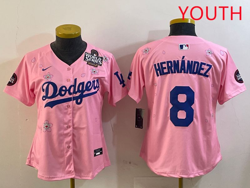 Youth Los Angeles Dodgers #8 Hernandez Pink Sakura Edition 2025 Nike MLB Jersey style 7